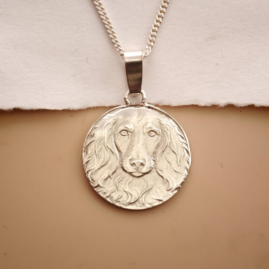 Dachshund Long Haired Engraved Sterling Silver Coin Necklace