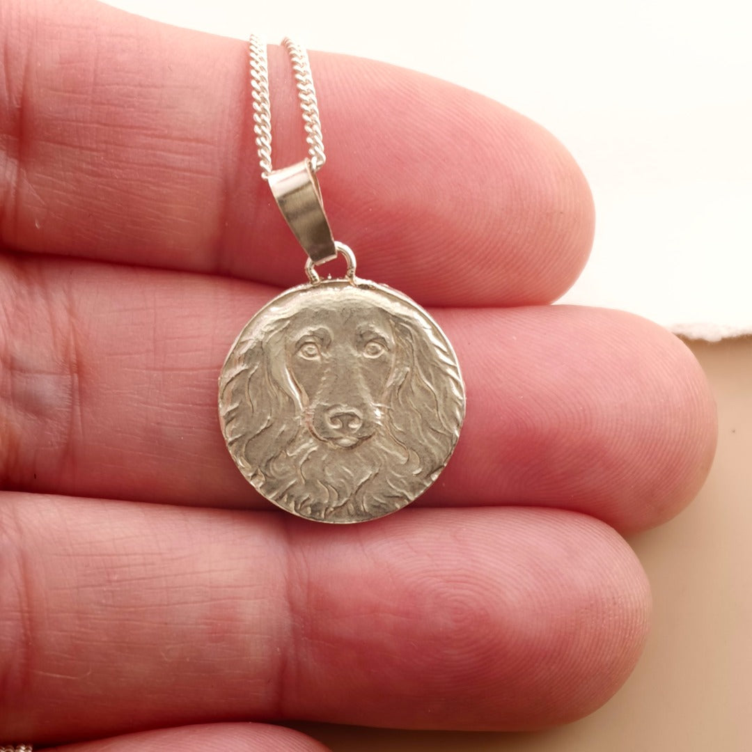 Dachshund Long Haired Engraved Sterling Silver Coin Necklace