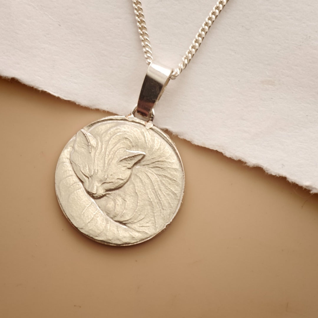 Cat Engraved Sterling Silver Coin Necklace