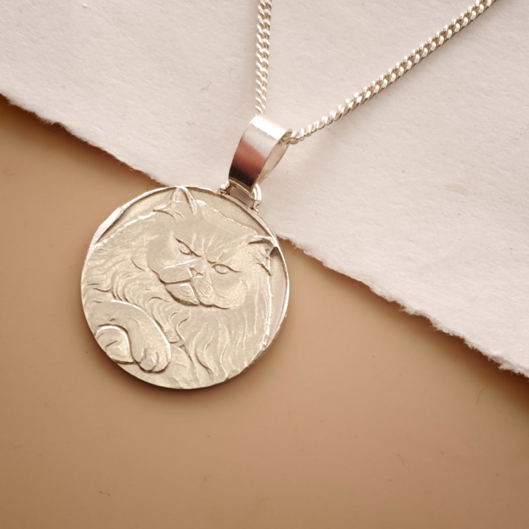 Persian Cat Engraved Sterling Silver Coin Necklace