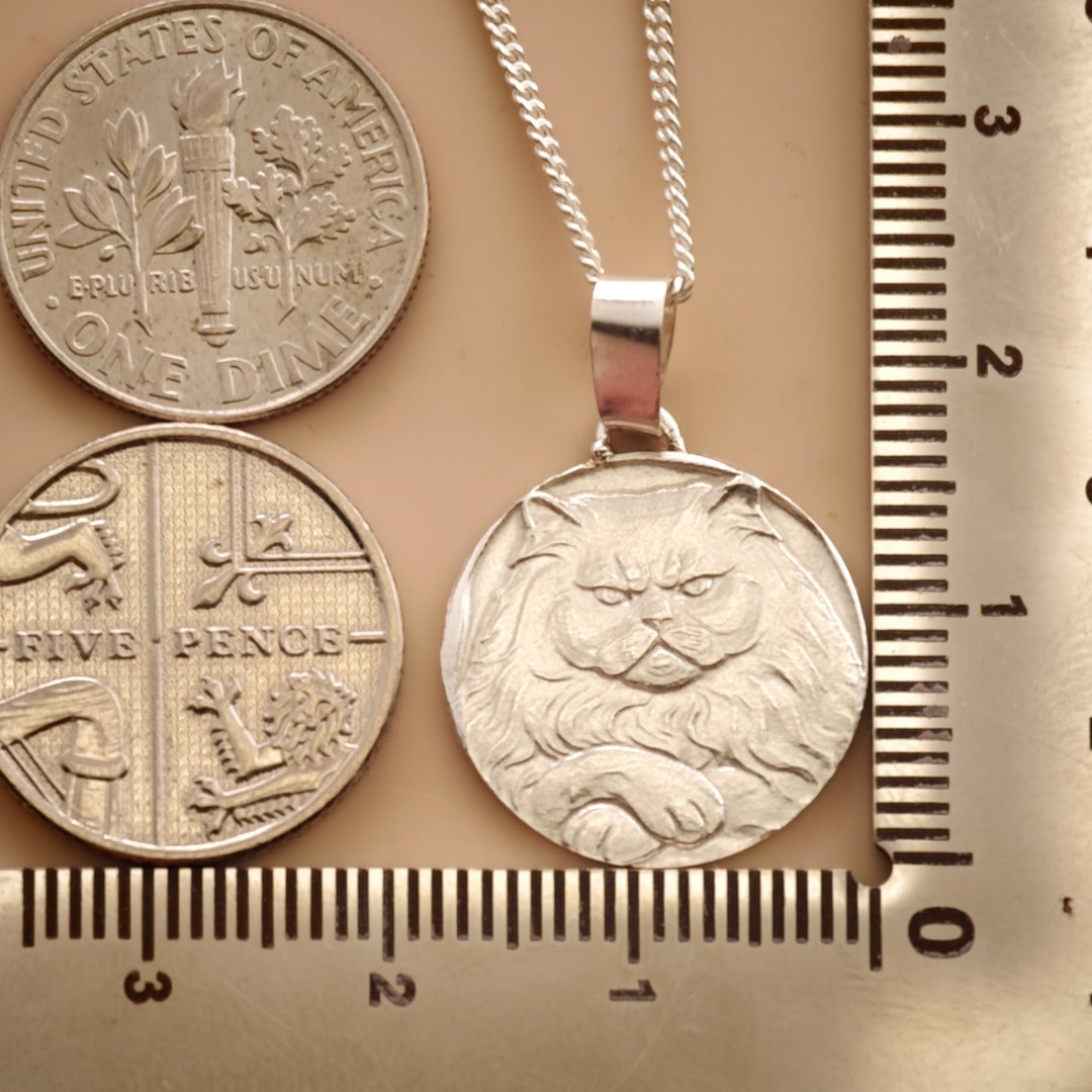 Persian Cat Engraved Sterling Silver Coin Necklace