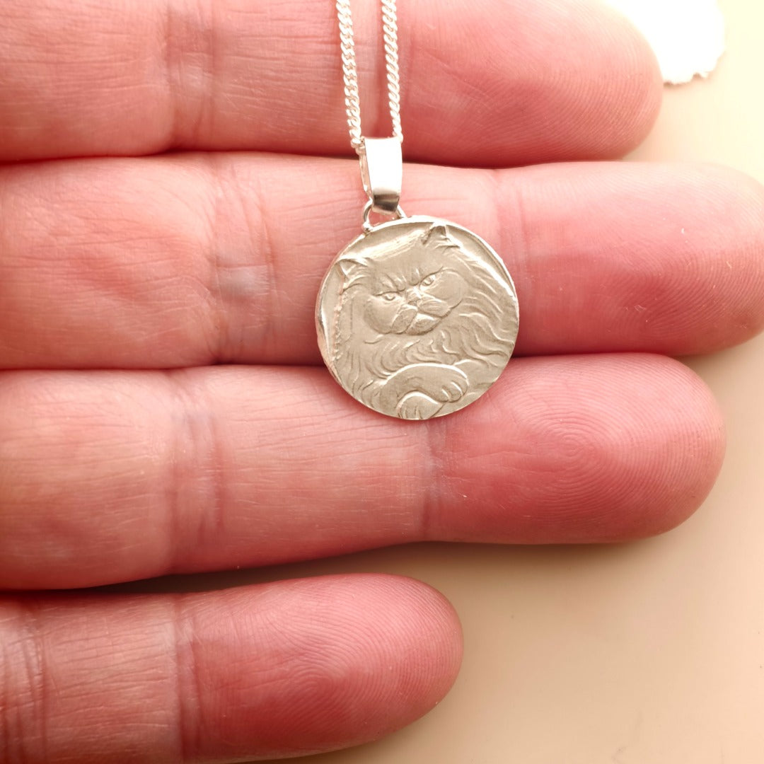 Persian Cat Engraved Sterling Silver Coin Necklace