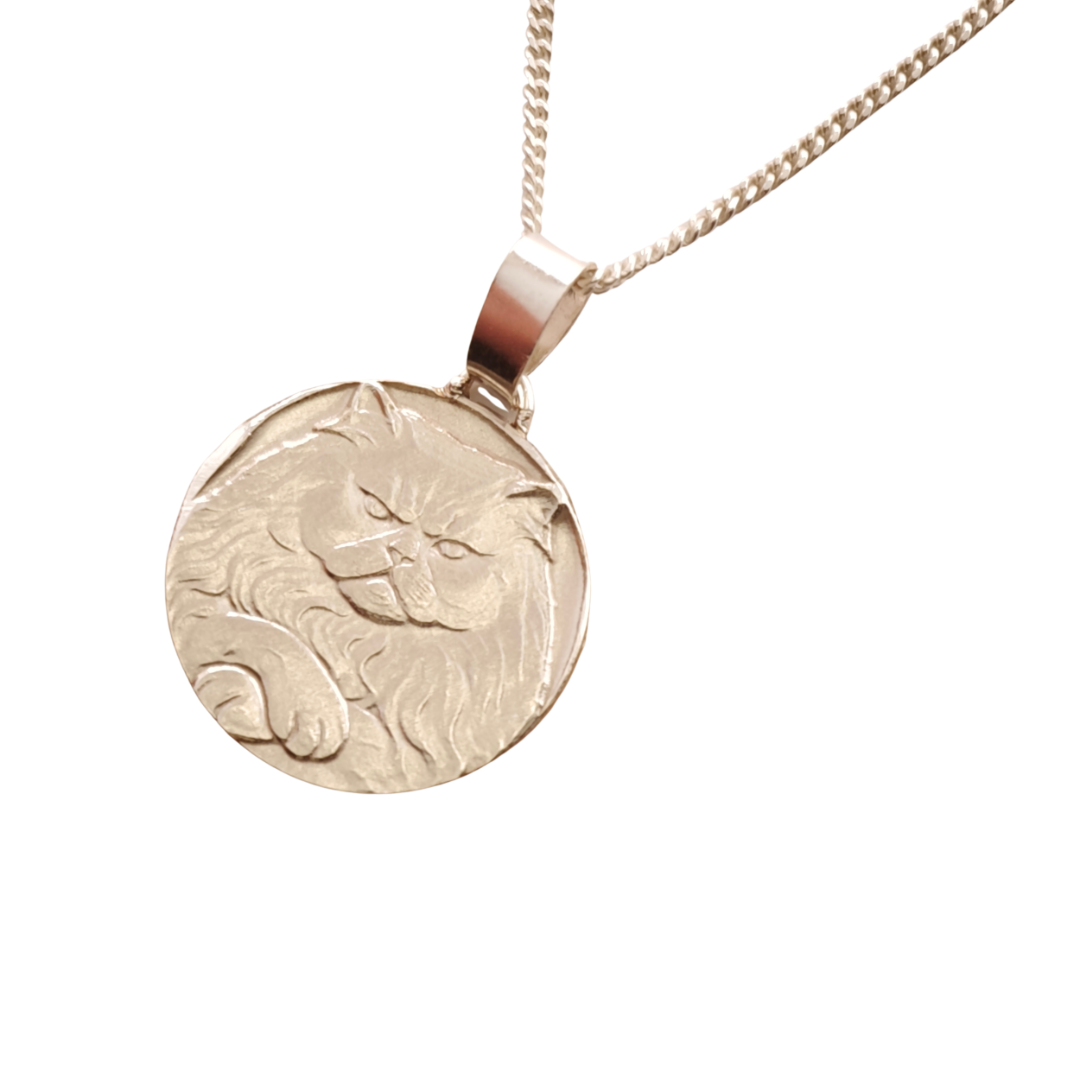 Persian Cat Engraved Sterling Silver Coin Necklace