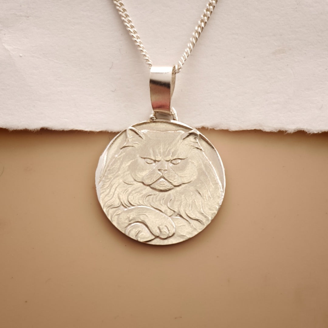 Persian Cat Engraved Sterling Silver Coin Necklace