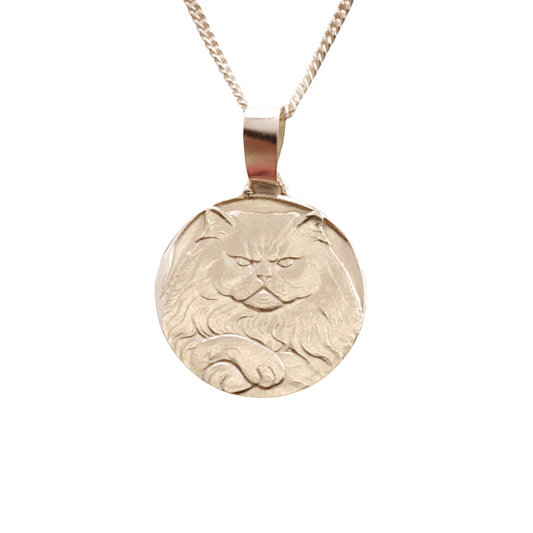 Persian Cat Engraved Sterling Silver Coin Necklace
