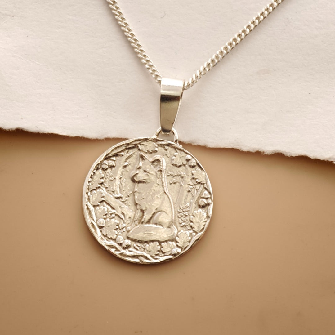 Fox Engraved Sterling Silver Coin Necklace