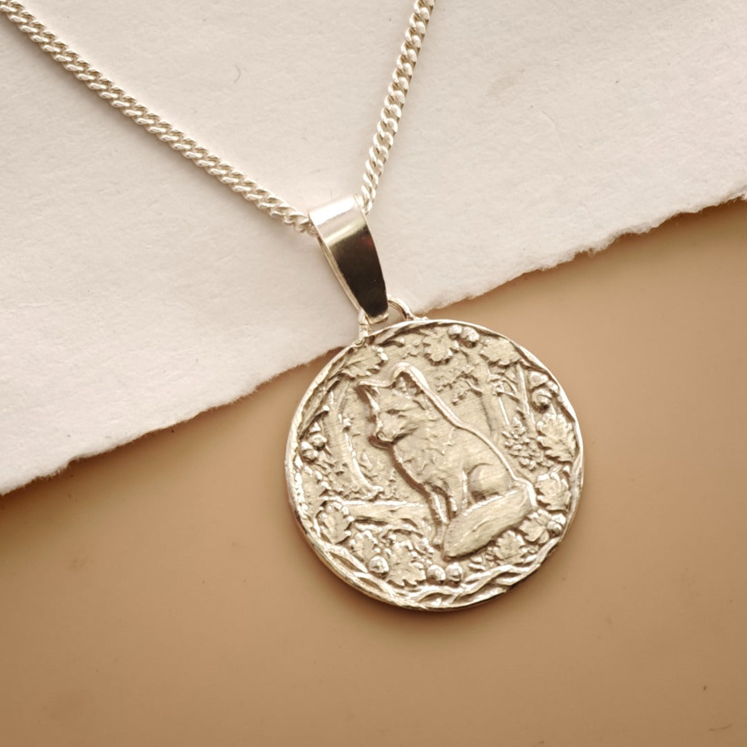 Fox Engraved Sterling Silver Coin Necklace