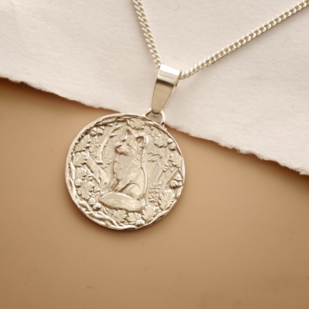 Fox Engraved Sterling Silver Coin Necklace