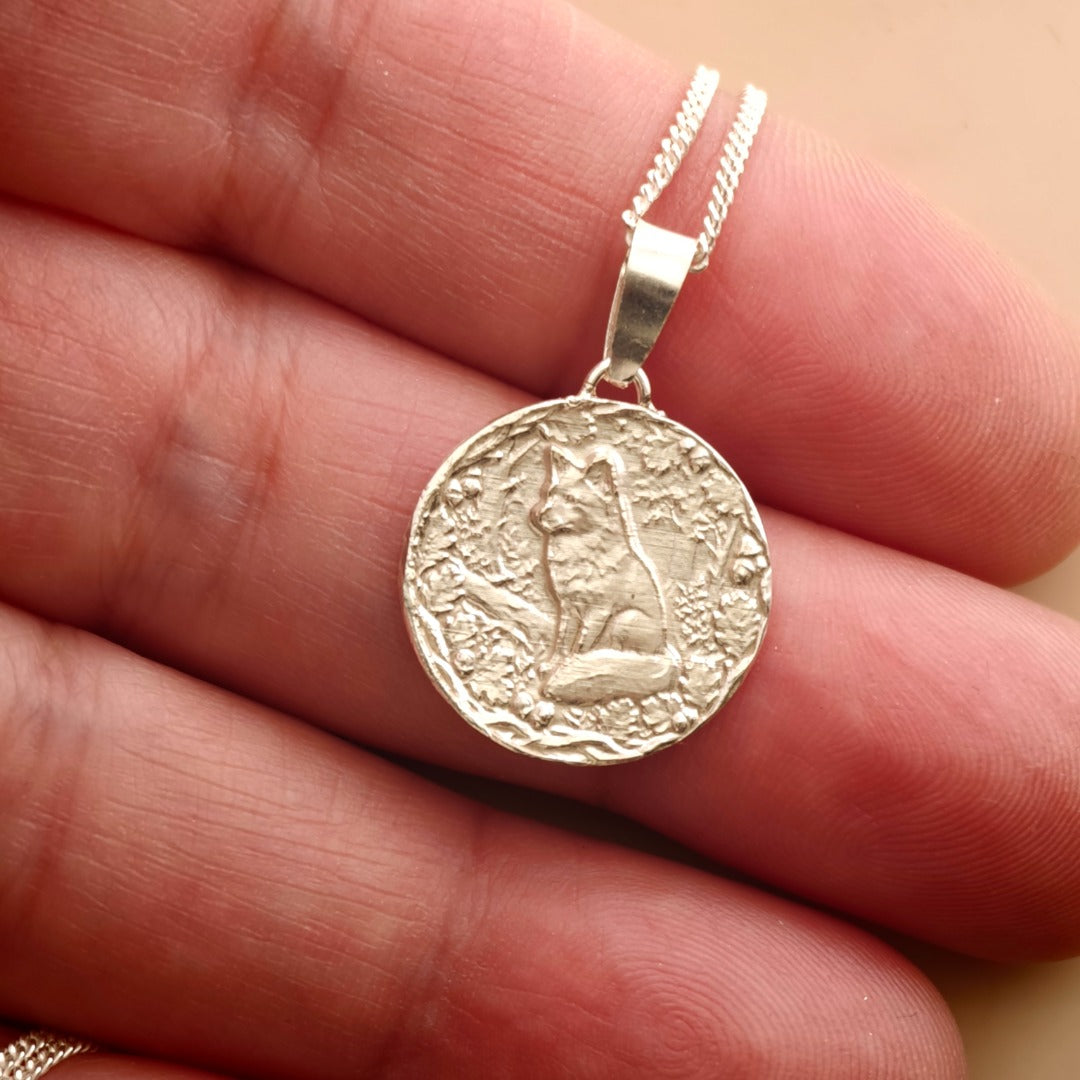 Fox Engraved Sterling Silver Coin Necklace