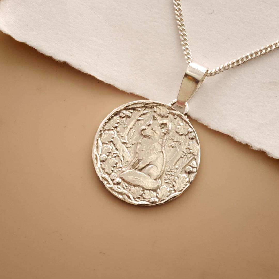 Fox Engraved Sterling Silver Coin Necklace