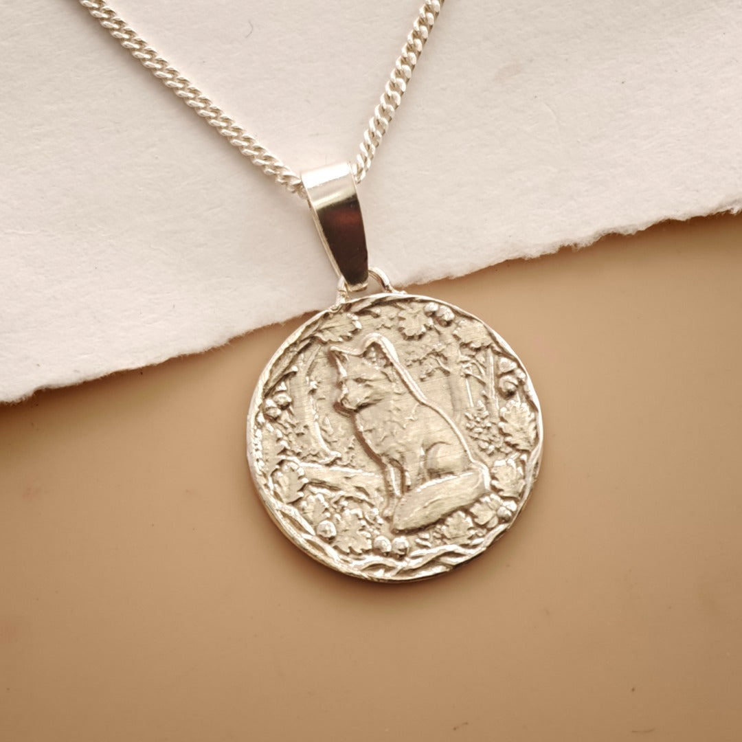 Fox Engraved Sterling Silver Coin Necklace