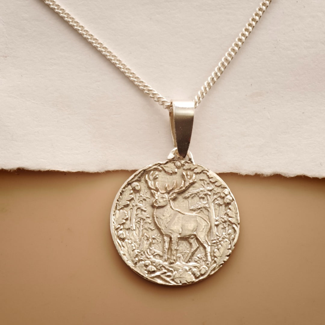 Stag Engraved Sterling Silver Coin Necklace