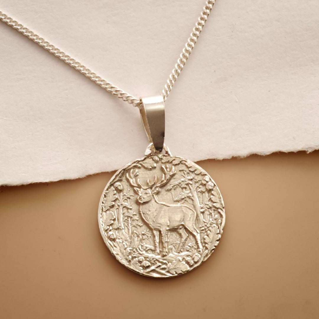 Stag Engraved Sterling Silver Coin Necklace
