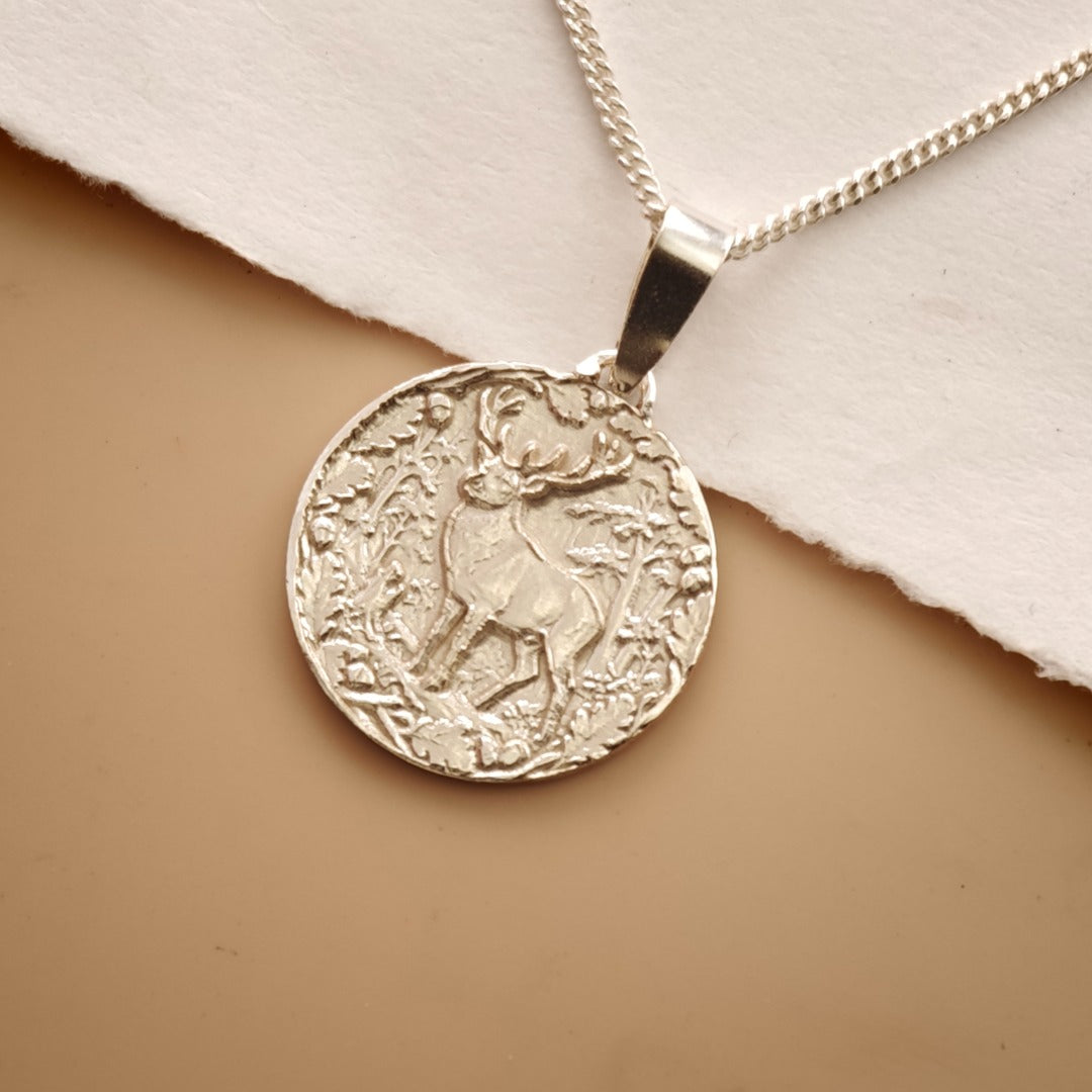 Stag Engraved Sterling Silver Coin Necklace