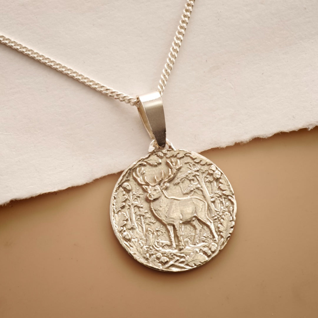 Stag Engraved Sterling Silver Coin Necklace