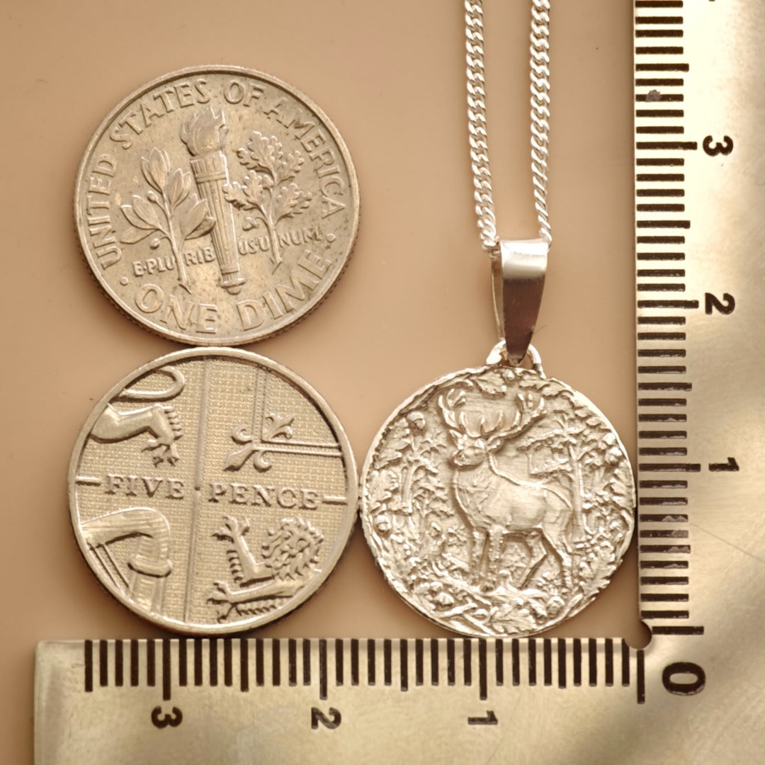 Stag Engraved Sterling Silver Coin Necklace