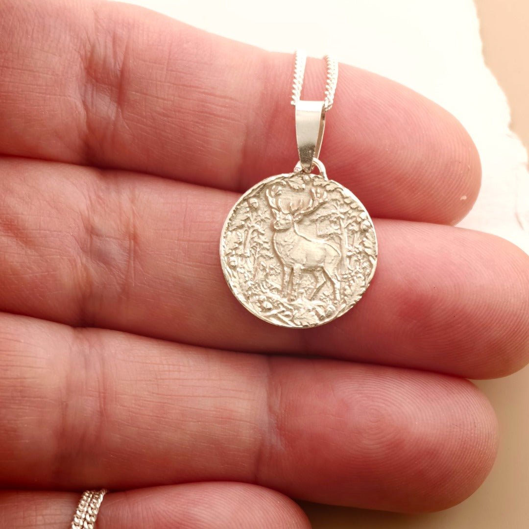 Stag Engraved Sterling Silver Coin Necklace