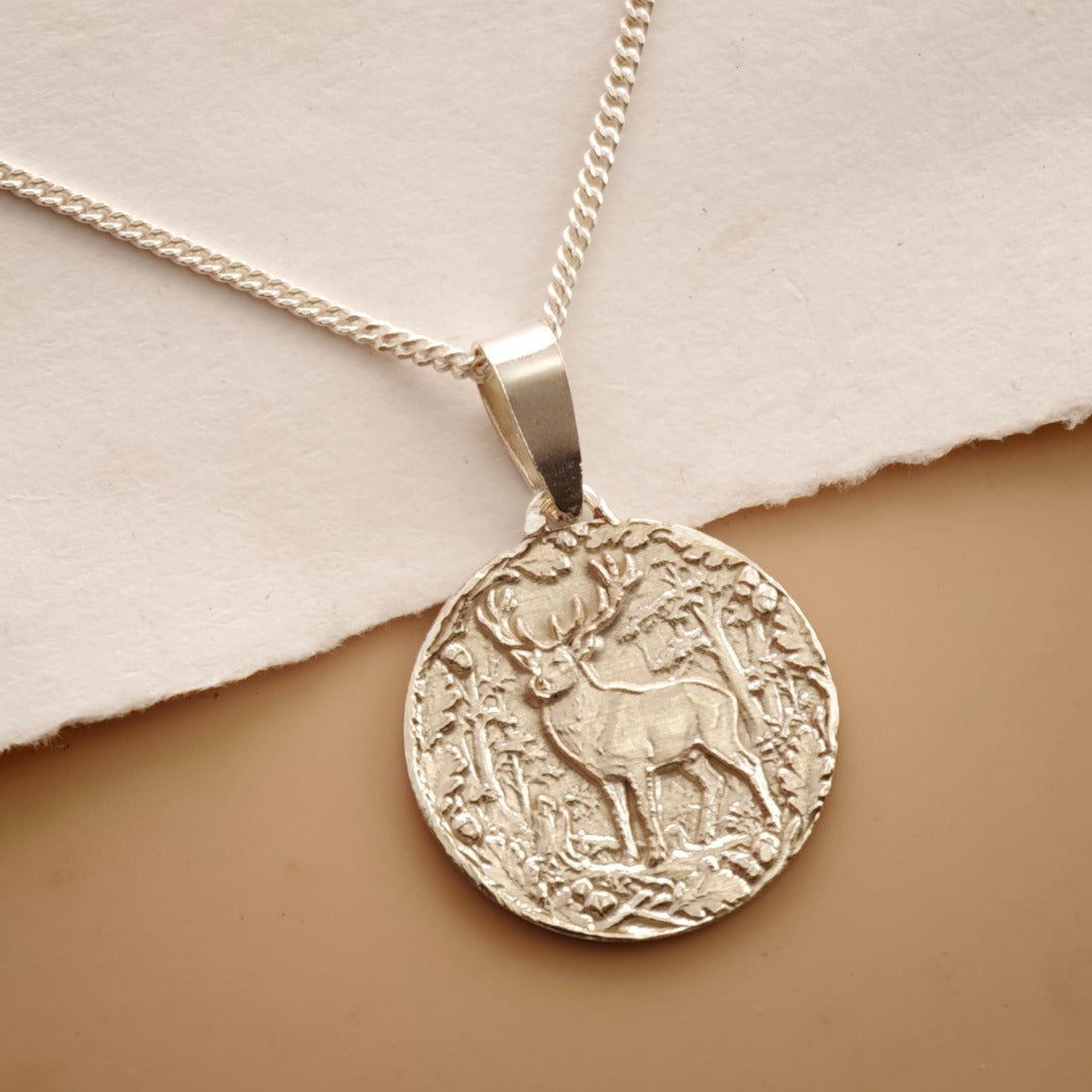Stag Engraved Sterling Silver Coin Necklace