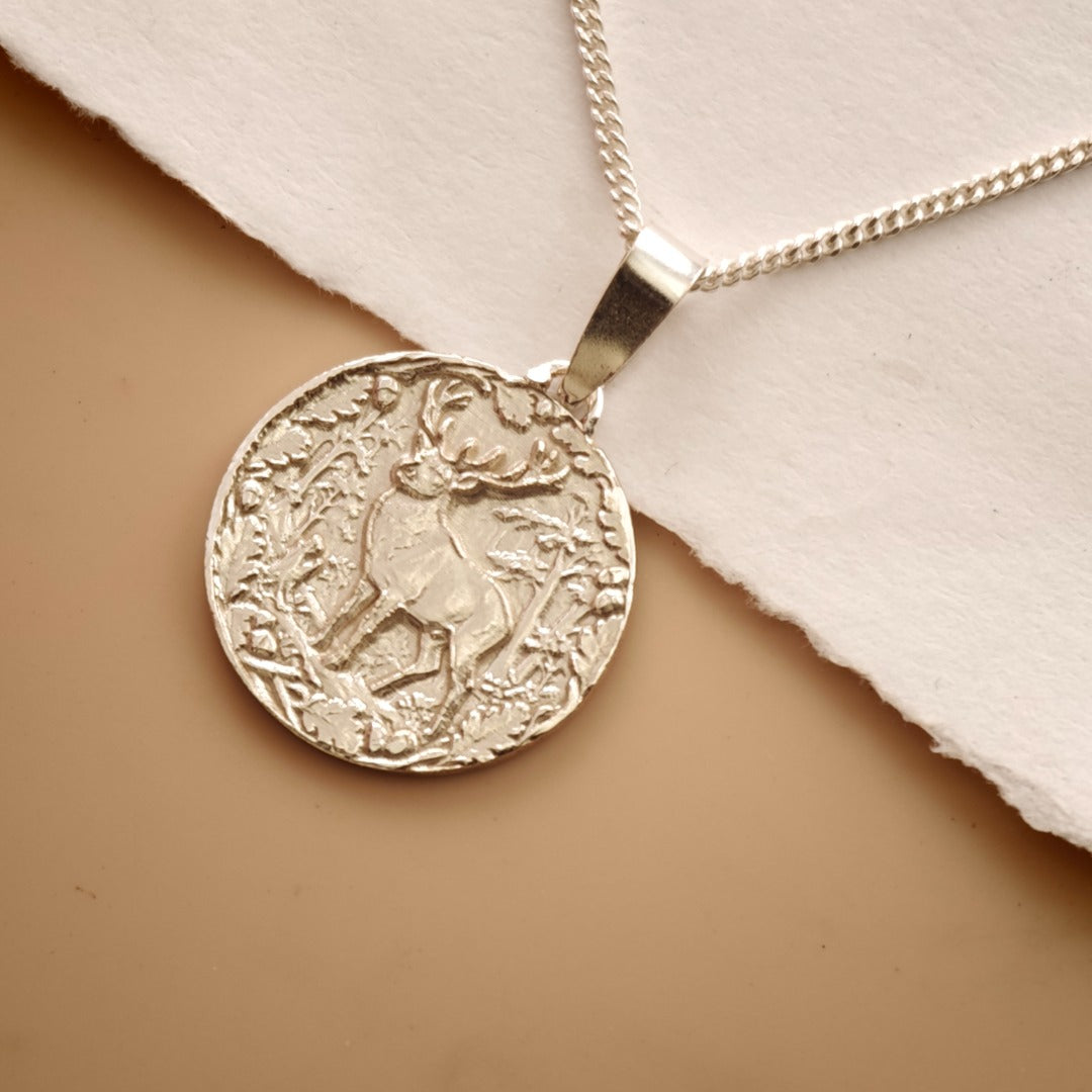 Stag Engraved Sterling Silver Coin Necklace