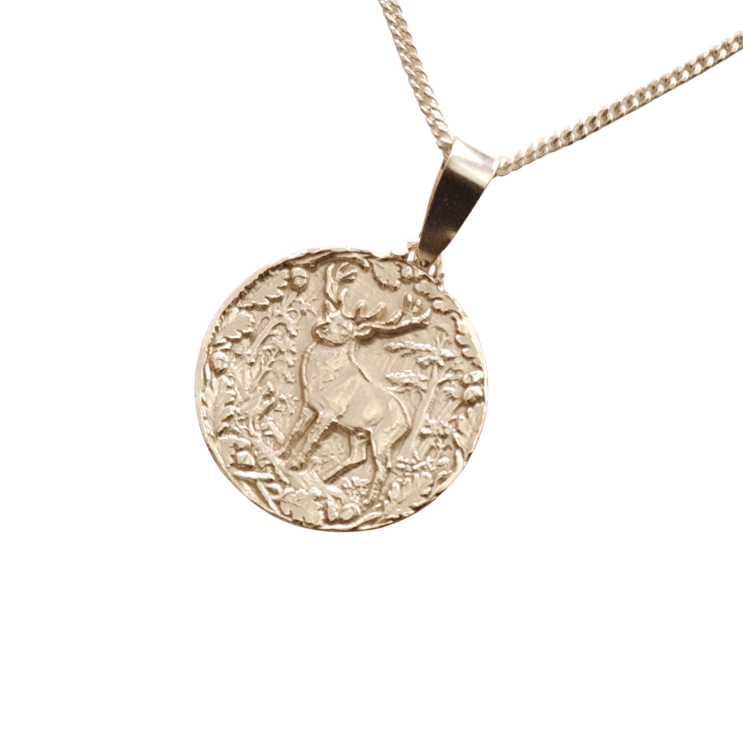 Stag Engraved Sterling Silver Coin Necklace