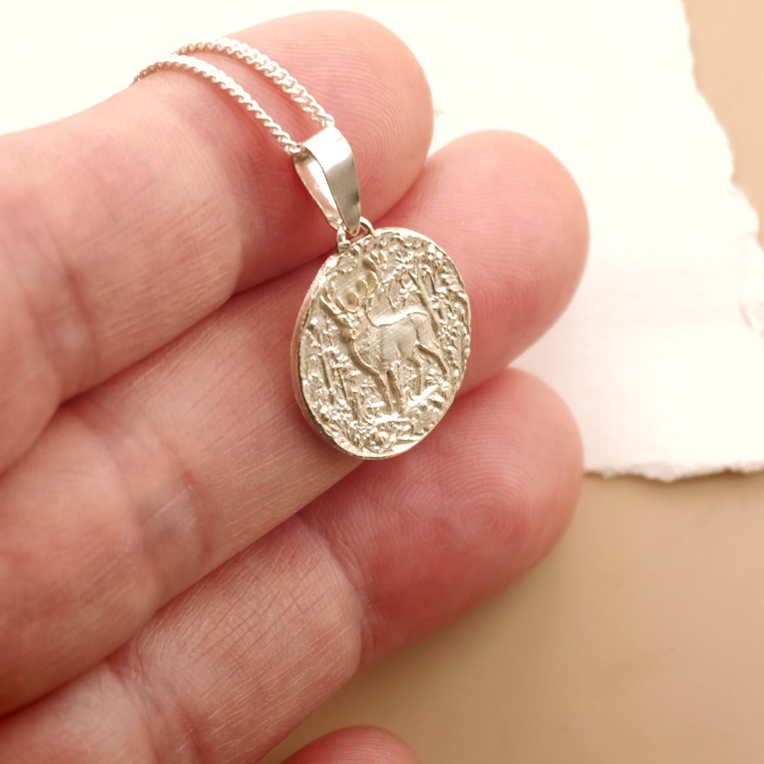Stag Engraved Sterling Silver Coin Necklace
