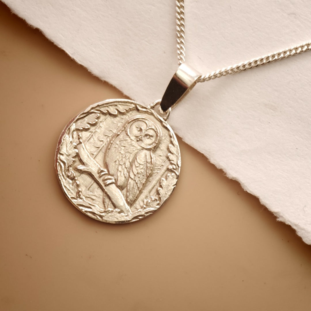 Owl Engraved Sterling Silver Coin Necklace
