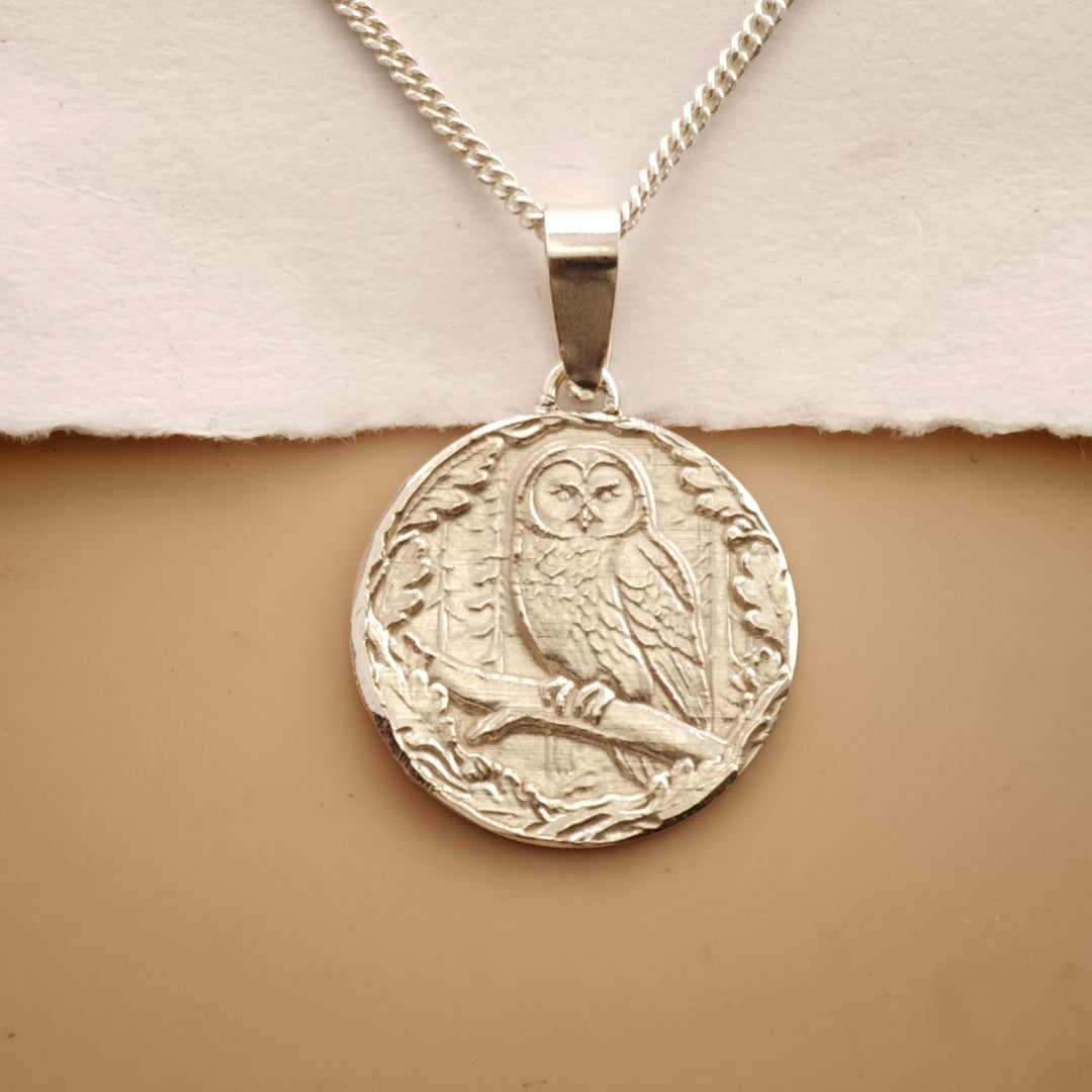 Owl Engraved Sterling Silver Coin Necklace