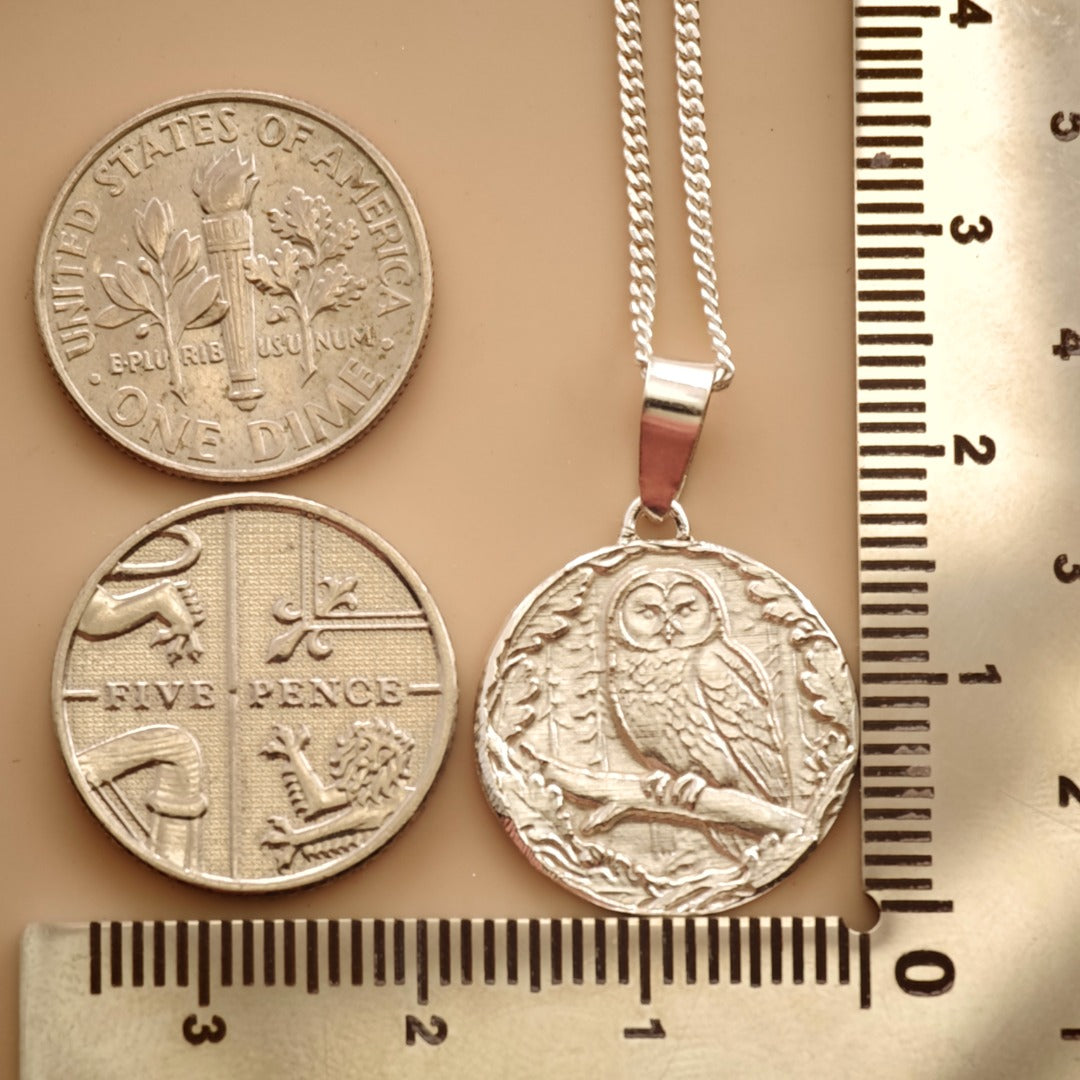Owl Engraved Sterling Silver Coin Necklace