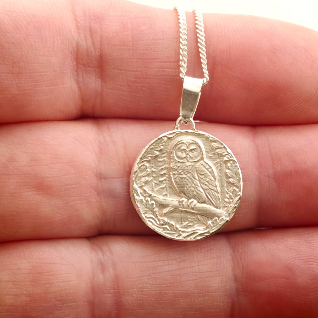 Owl Engraved Sterling Silver Coin Necklace