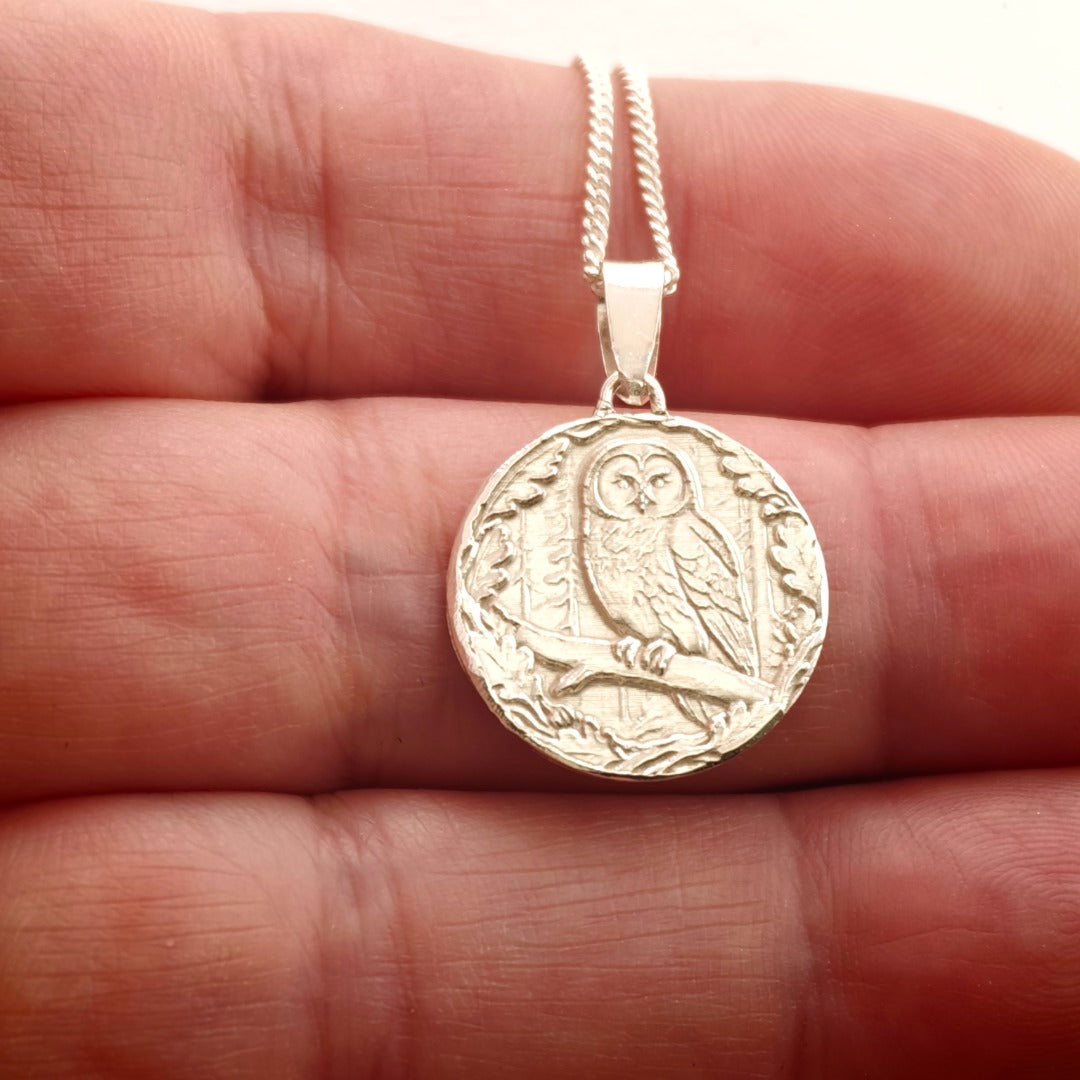 Owl Engraved Sterling Silver Coin Necklace