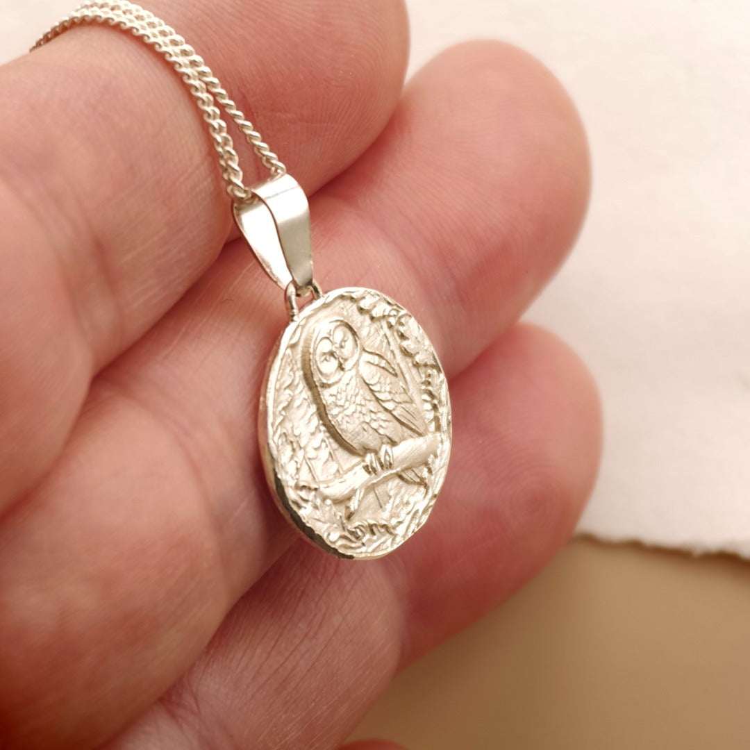 Owl Engraved Sterling Silver Coin Necklace