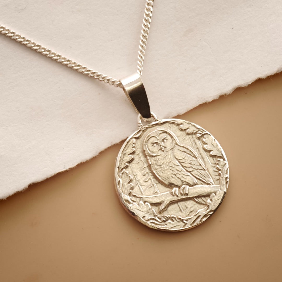 Owl Engraved Sterling Silver Coin Necklace