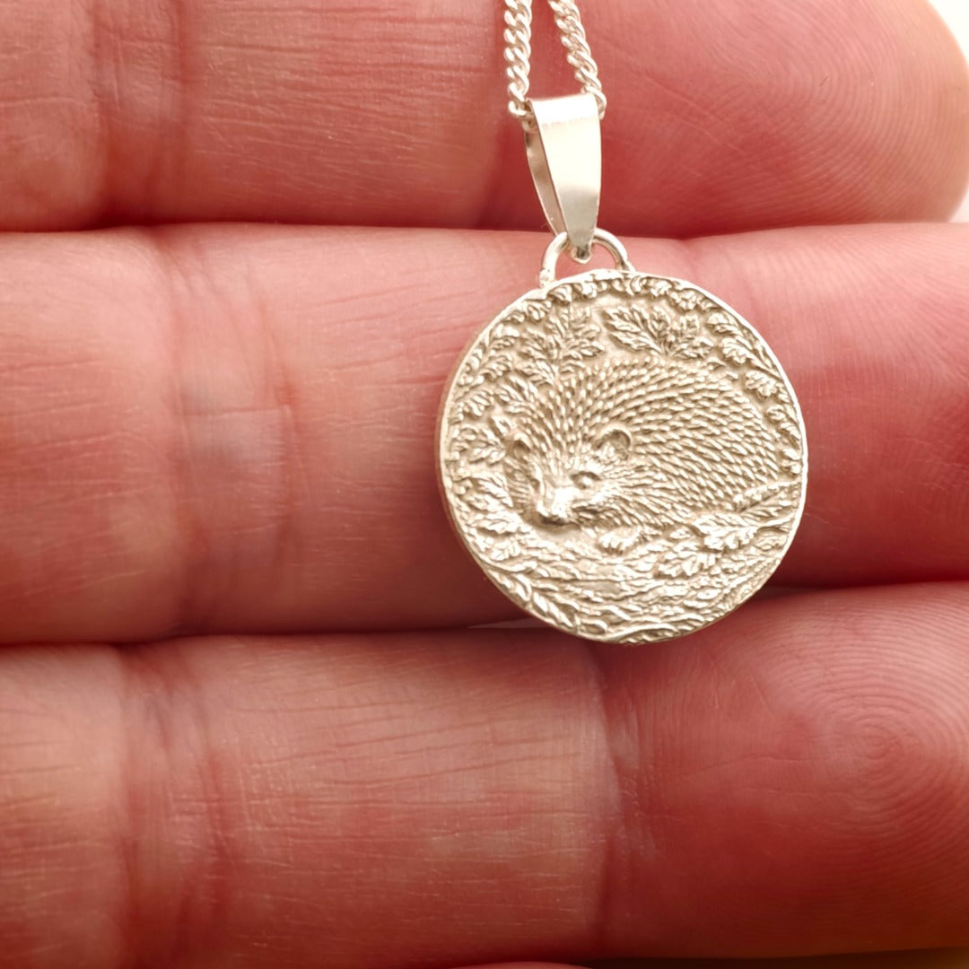 Hedgehog Engraved Sterling Silver Coin Necklace