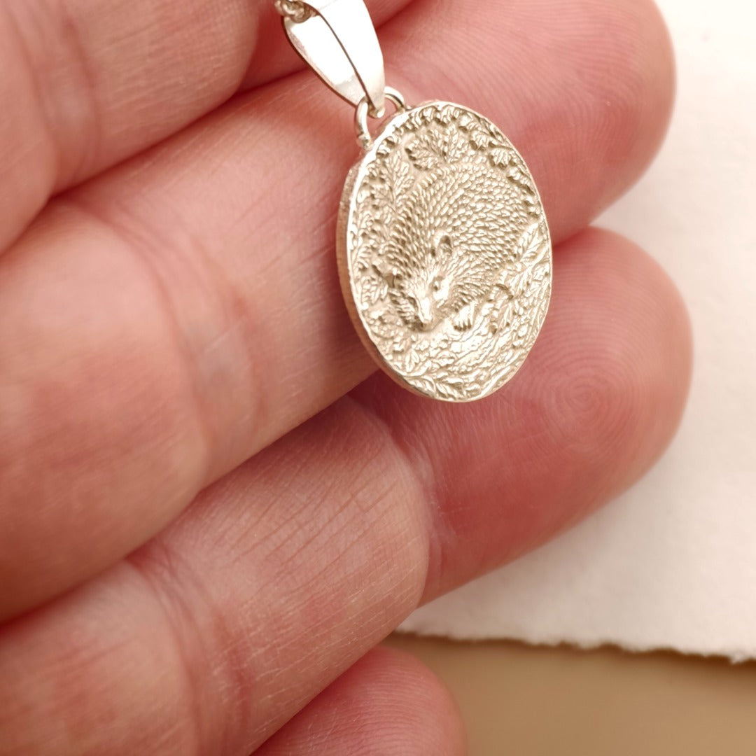 Hedgehog Engraved Sterling Silver Coin Necklace