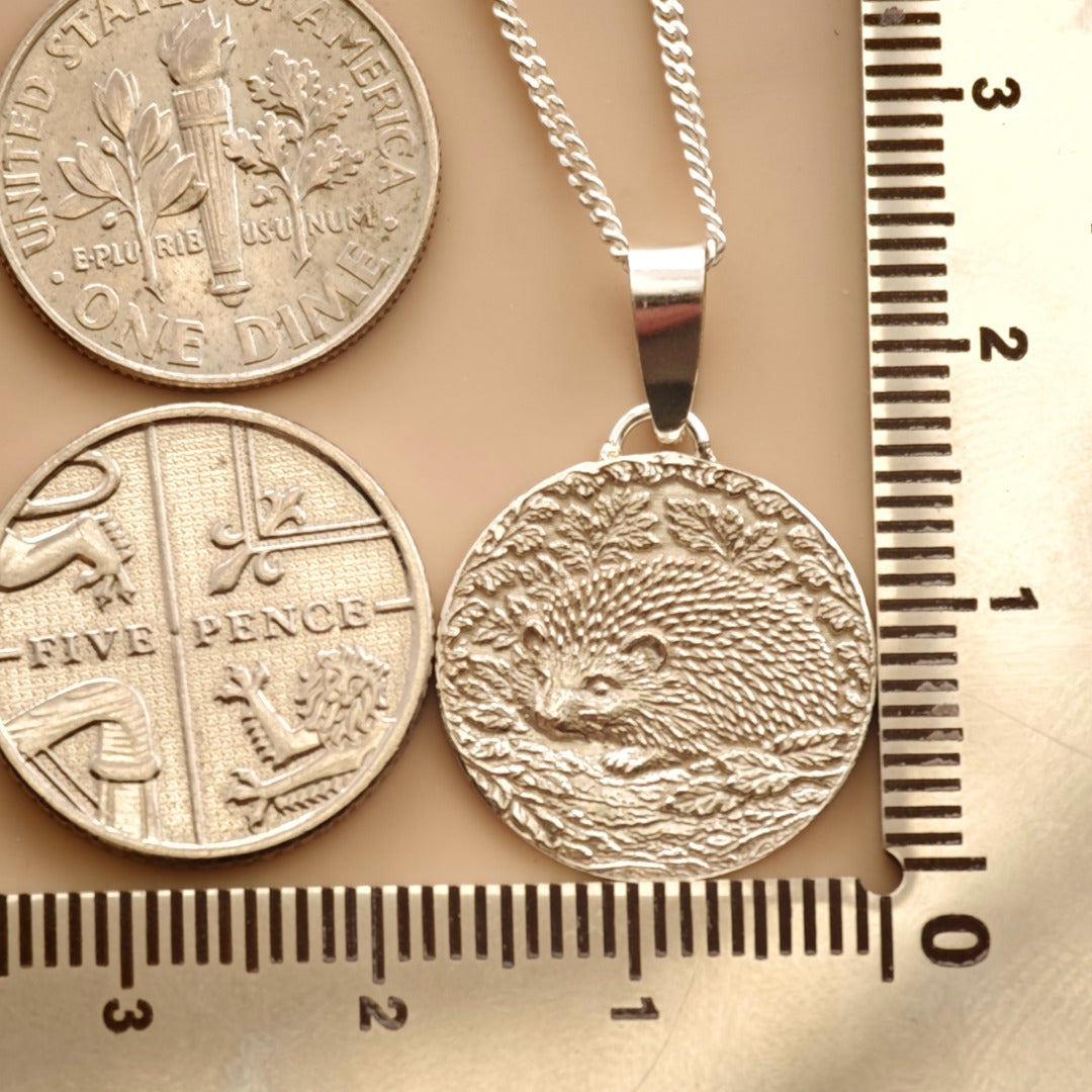 Hedgehog Engraved Sterling Silver Coin Necklace