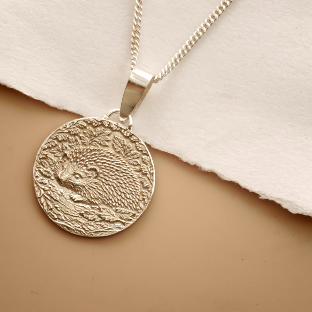 Hedgehog Engraved Sterling Silver Coin Necklace