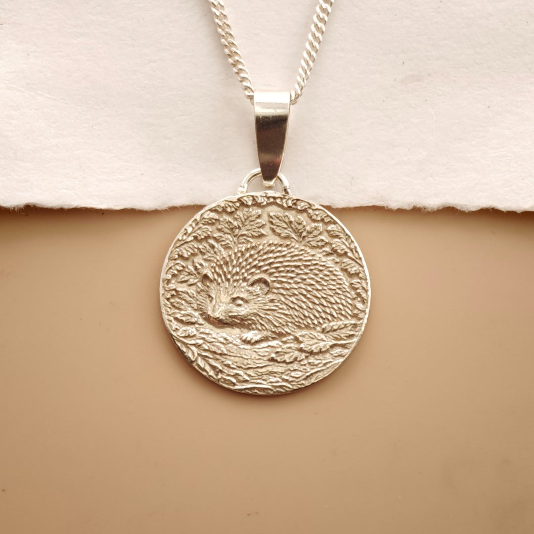 Hedgehog Engraved Sterling Silver Coin Necklace