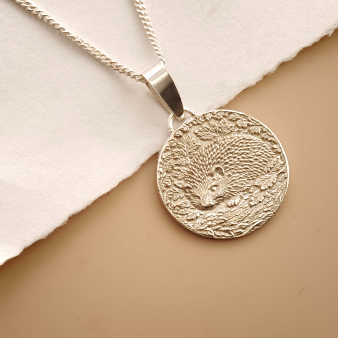 Hedgehog Engraved Sterling Silver Coin Necklace