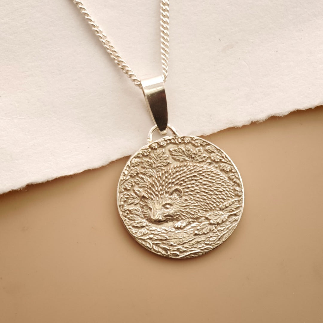 Hedgehog Engraved Sterling Silver Coin Necklace