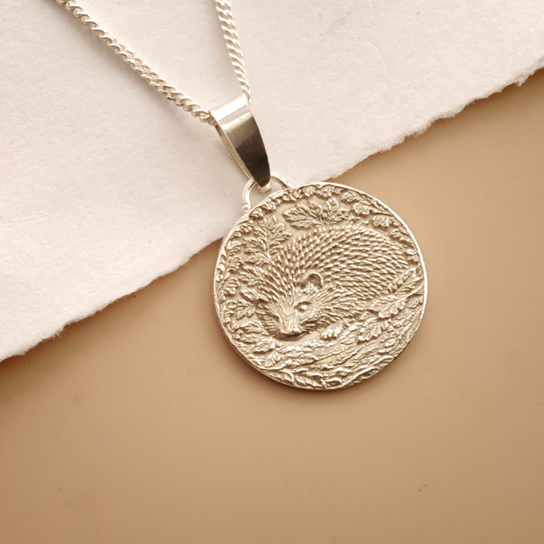Hedgehog Engraved Sterling Silver Coin Necklace