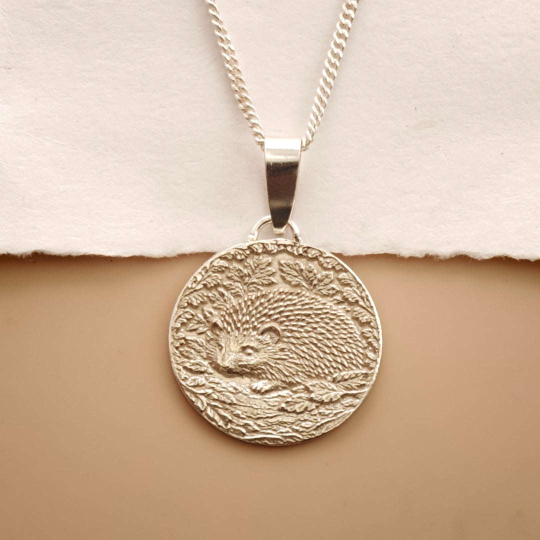 Hedgehog Engraved Sterling Silver Coin Necklace