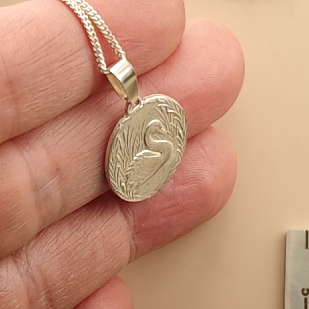 Swan Engraved Sterling Silver Coin Necklace