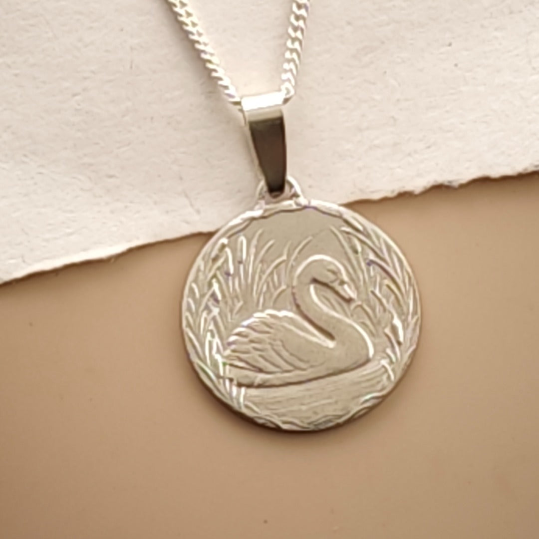 Swan Engraved Sterling Silver Coin Necklace