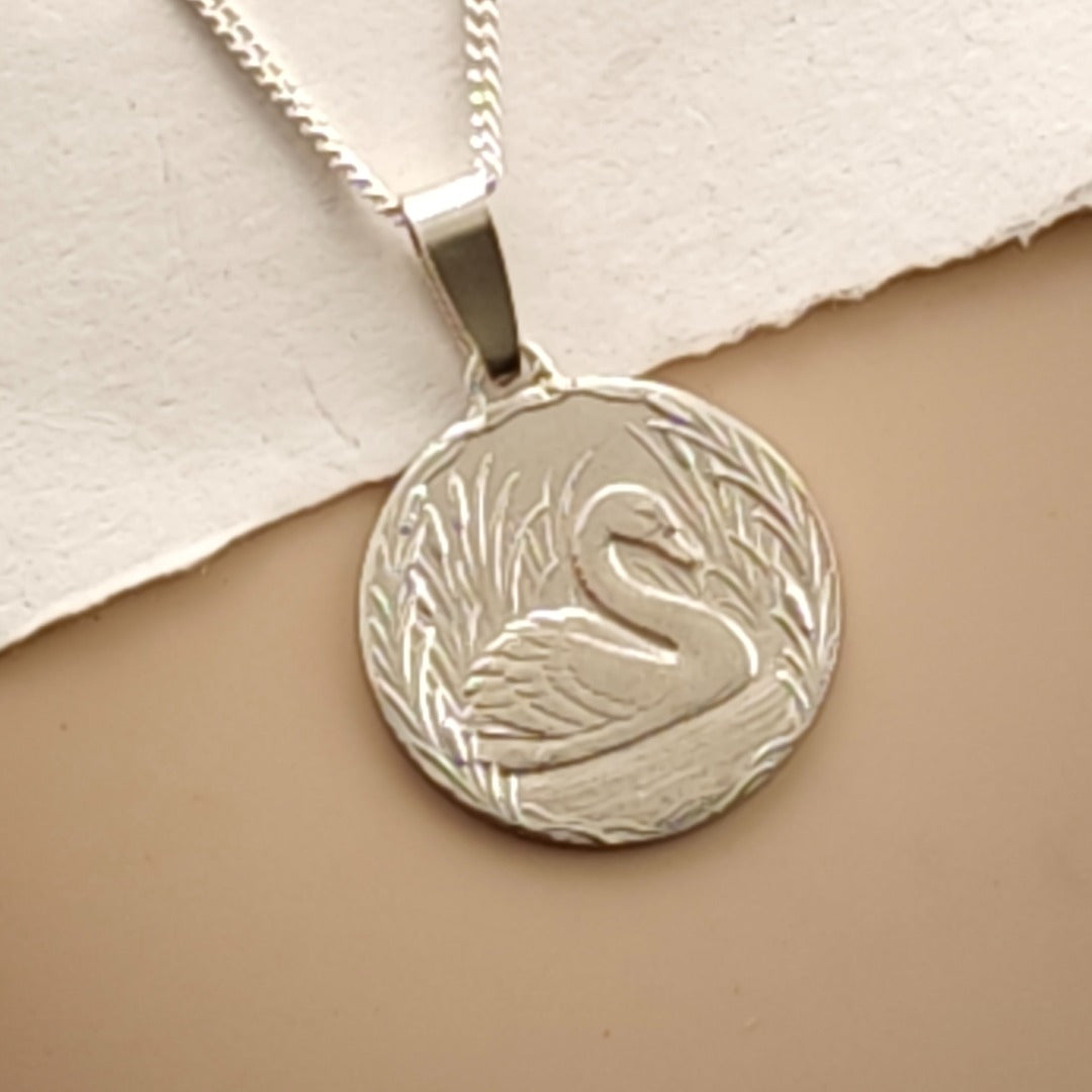 Swan Engraved Sterling Silver Coin Necklace
