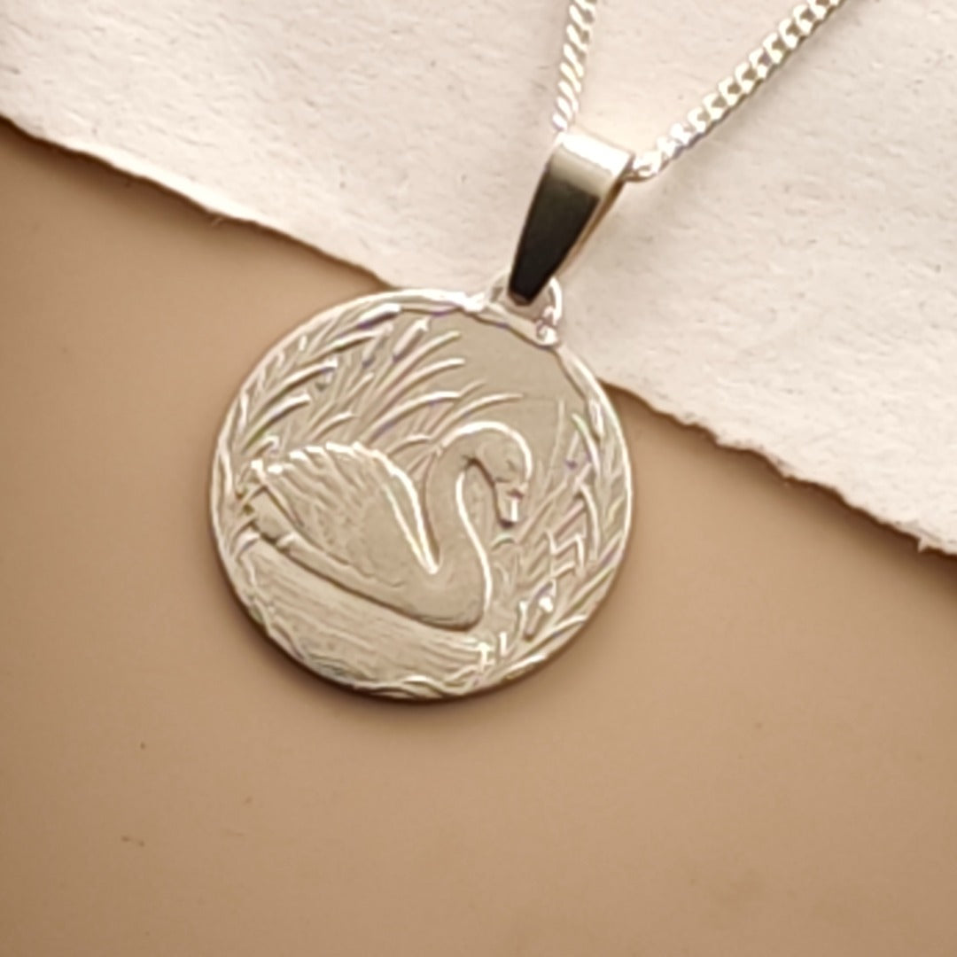 Swan Engraved Sterling Silver Coin Necklace