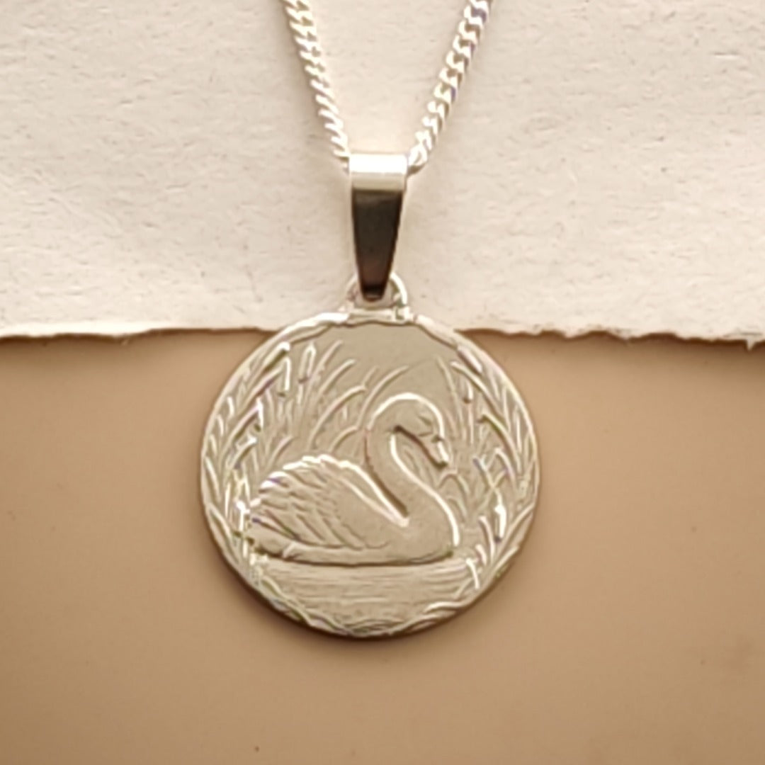 Swan Engraved Sterling Silver Coin Necklace