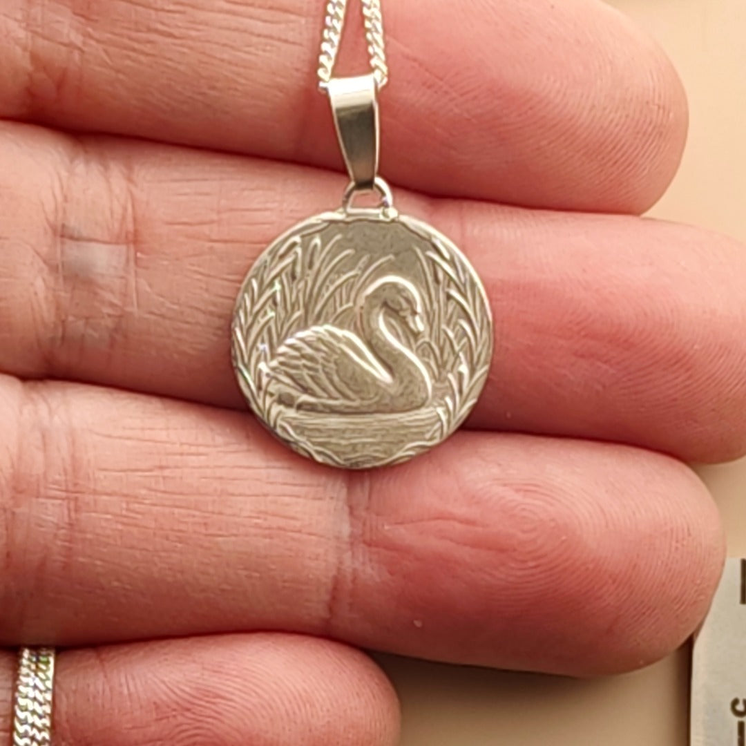 Swan Engraved Sterling Silver Coin Necklace