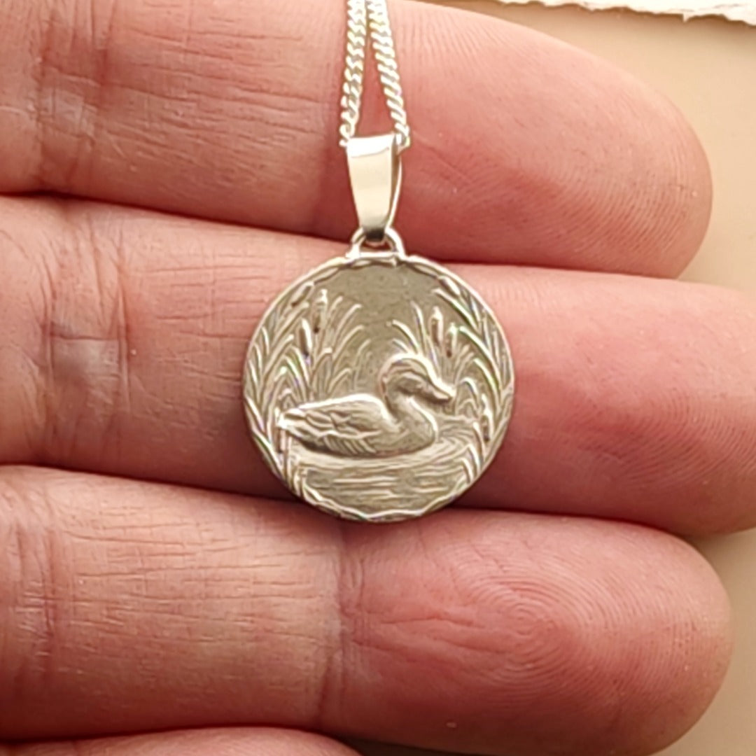 Duck Engraved Sterling Silver Coin Necklace