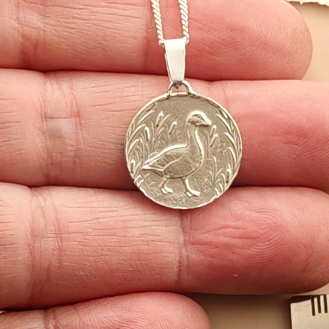 Goose Engraved Sterling Silver Coin Necklace