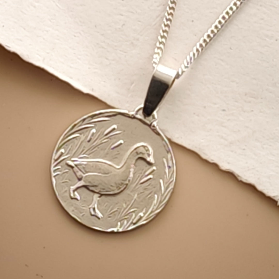 Goose Engraved Sterling Silver Coin Necklace